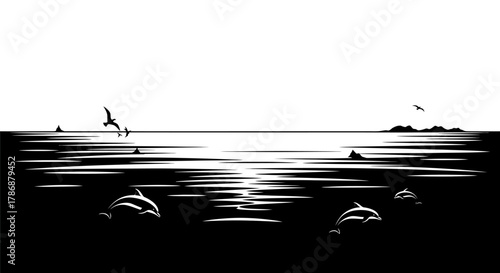 Ocean scene with dolphins and seagulls