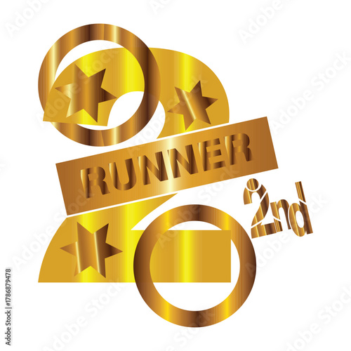 Gold metallic number 2 runner-up vector design with 3D golden stars, luxury ribbon banner, realistic shine, second place award symbol, premium competition badge illustration