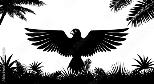 Tropical bird silhouette with lush foliage