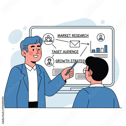 Business presentation with market research and growth strategy.