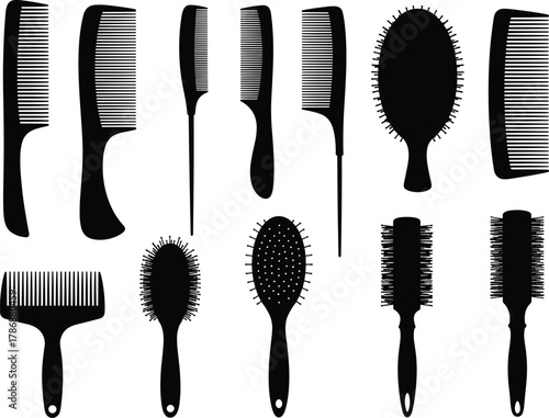 Set of black silhouette combs and brushes for hair styling, grooming, barber tools, beauty salon, vector design and haircare themes