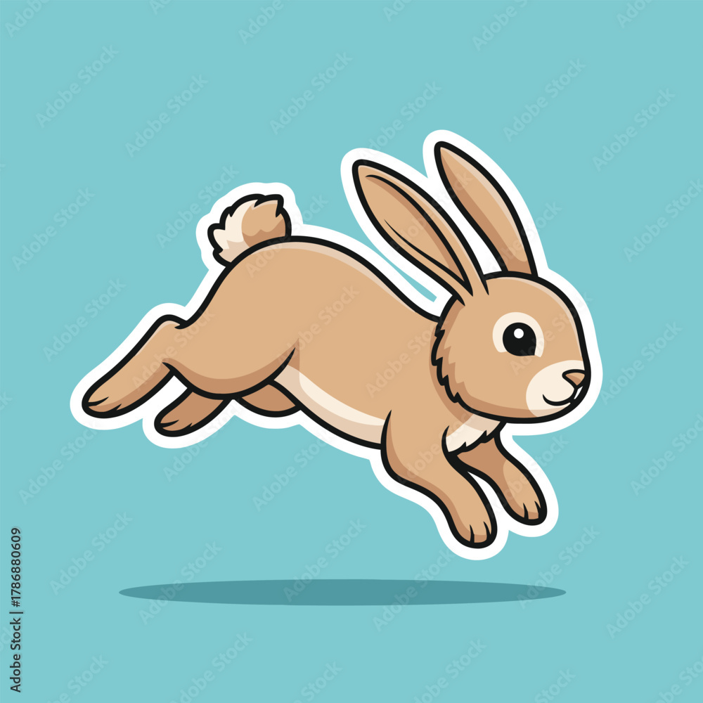 Obraz premium Cute cartoon rabbit jumping in the air on blue background.