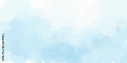 Abstract hand-painted watercolor background of a beautiful bright blue sky with fluffy white clouds, capturing the clear summer day atmosphere