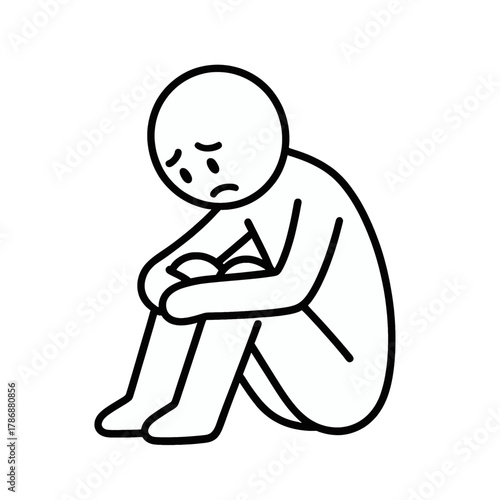Stick figure sitting alone and looking down. Concept of sadness, depression, loneliness, and emotional stress.