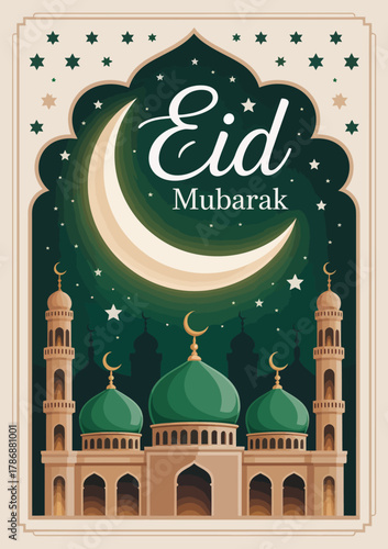 A beautiful illustration of a mosque under a crescent moon and stars, exuding calm and spirituality, perfect for Eid celebrations and showcasing architectural elegance and harmony.