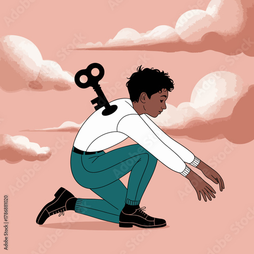The image depicts a thoughtful person kneeling with a key emerging from their back, set against a dreamy cloud background, symbolizing discovery and introspection.