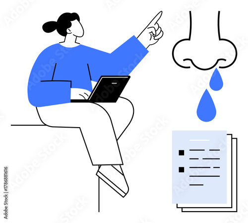 Woman with laptop points to nasal dripping and checklist, emphasizing research, allergies, and health understanding. Ideal for medicine, wellness, healthcare, lifestyle, education diagnosis
