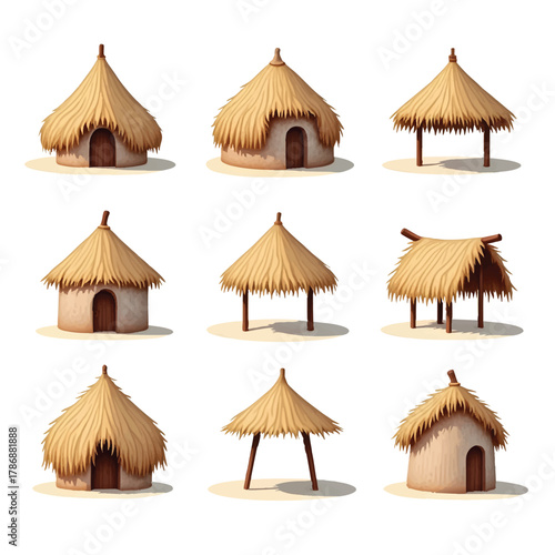 huts thatched with straw and supported by posts.
