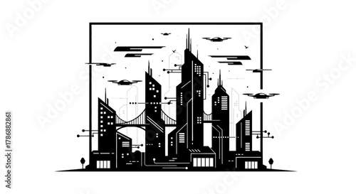 Futuristic cityscape with drones and elevated transport
