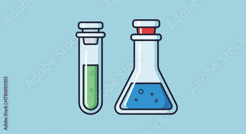 Laboratory glassware with liquids for science