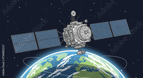 Satellite orbiting Earth with solar panels