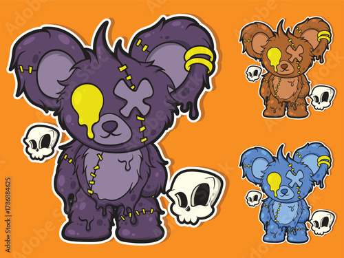 Cute Gothic Zombie Teddy Bear Vector Illustration Set