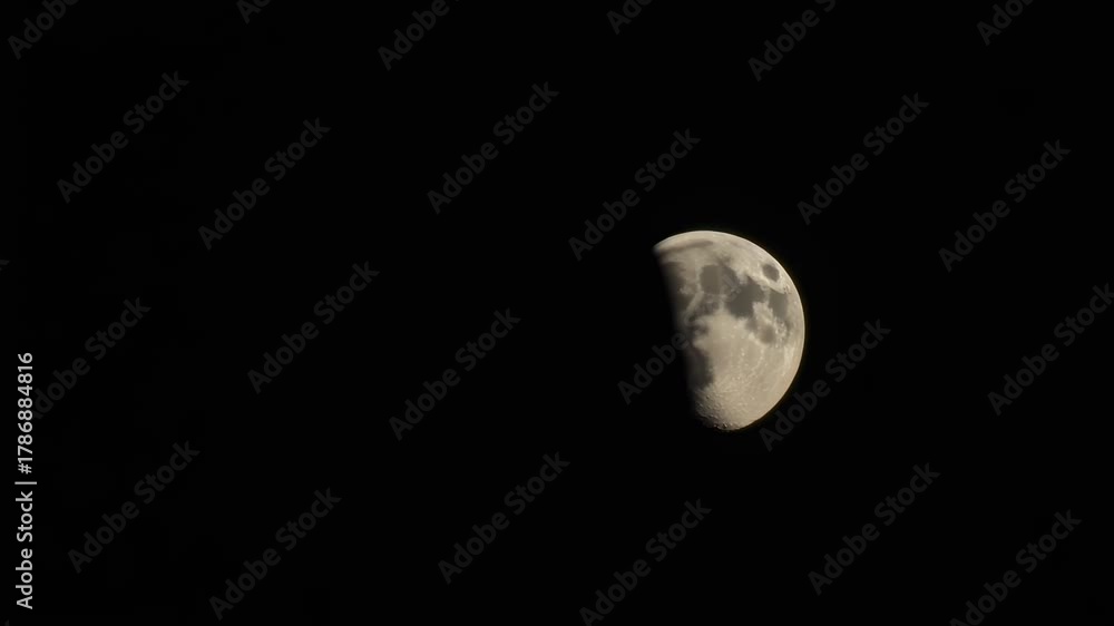 La luna en fase de cuarto creciente iluminando la oscuridad del espacio nocturno con sus cráteres visibles.