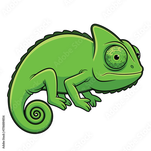 Green chameleon illustration with curled tail and focused gaze.