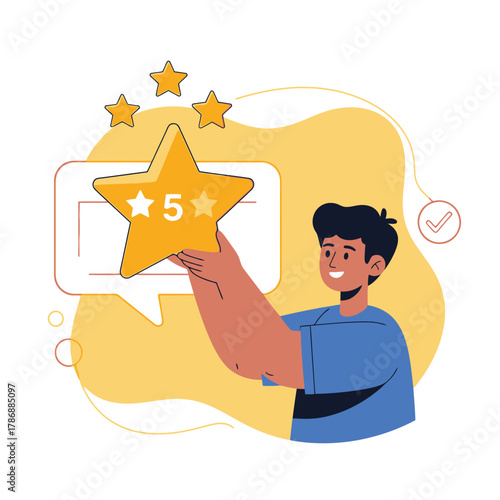 Man holding a golden star with a rating of five stars.