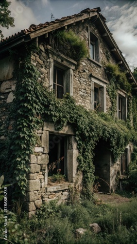 Old abandoned house with crumbling stone walls overgrown with weeds and vines in a rural setting