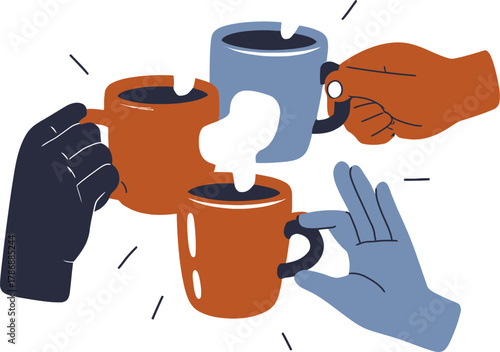 Friends toasting with coffee mugs in a cheerful gathering celebrating friendship and togetherness 100 chars