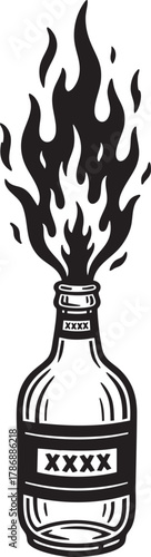Monochrome illustration of a flaming Molotov cocktail with a generic XXXX alcohol label.