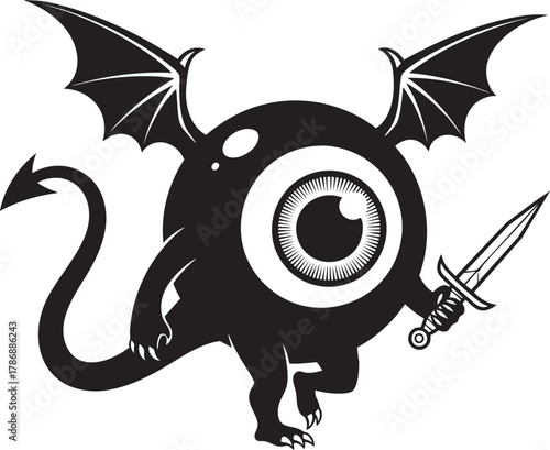 Monochromatic oneeyed monster with bat wings an arrow tail and a dagger.