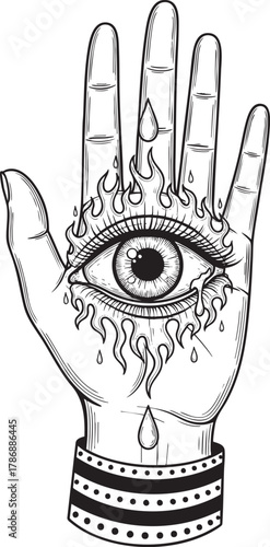Mystical Hand with a Flaming Crying AllSeeing Eye in Line Art Style.
