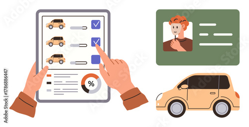 Hands selecting a car using comparison chart with a percentage graph, ID card with personal details, and yellow car graphic. Ideal for choice, analysis, identity, transportation, documentation