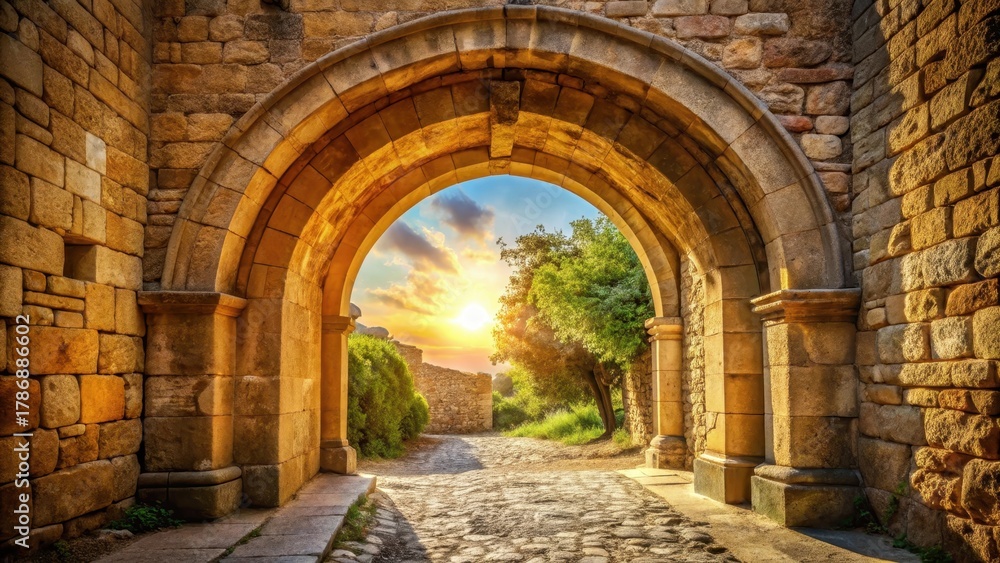 Fototapeta premium Ancient stone archway in warm sunlight with detailed concrete structures
