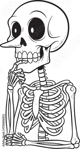Pondering cartoon skeleton with a long pointed liars nose and big eyes.