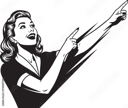 Retro pop art illustration of a smiling 1950s woman pointing upwards with both hands.