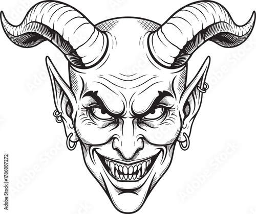 Sinister horned demon face with a menacing grin sharp fangs and pierced ears in a detailed line art style.