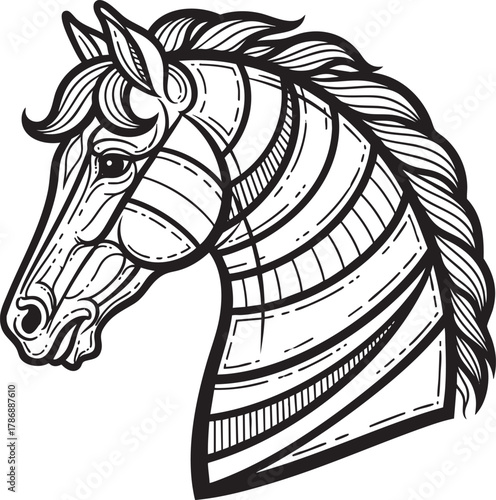 Stylized black and white line art of a horse head with a segmented neck and flowing mane.