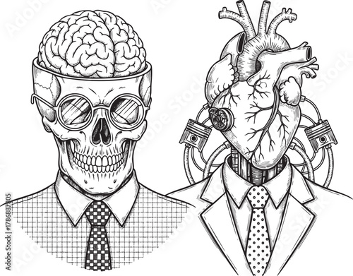 Surreal line art of a brainheaded skull and a mechanical heart in formal business attire.