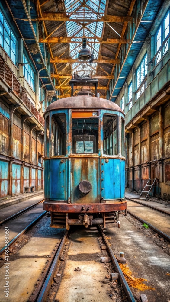 Naklejka premium Old railway tram with rusty blue coating left alone in an abandoned factory