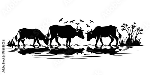 Bulls drinking water riverbank. Cartoon Animal Clipart Silhouette Vector Illustration Line Art Illustration. Cattle ingest liquid waters edge brook grassland farm ... See More