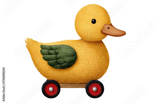 A vibrant, embroidered yellow duck toy with green wings, mounted on a wooden base with wheels, showcasing playful design and craftsmanship.