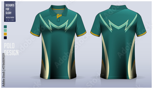 Polo shirt mockup template design for soccer jersey, football kit or sportswear. Sport uniform in front view and back view. T-shirt mockup for sport club. Fabric pattern.