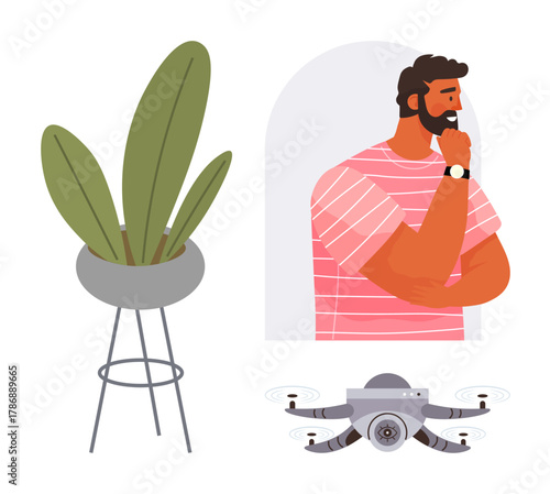 Man pondering beside a quadcopter and potted plant concepts of innovation, nature, technology, modern lifestyle, smart ideas, creativity, and contemplation blend together. Simplistic flat metaphor