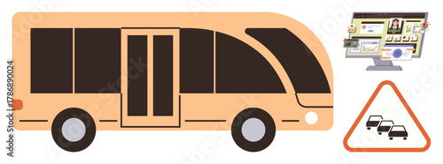 Illustrated bus with modern design, detailed traffic congestion warning sign, and GPS navigation system on screen. Ideal for transportation, urban mobility, public transit, navigation, technology