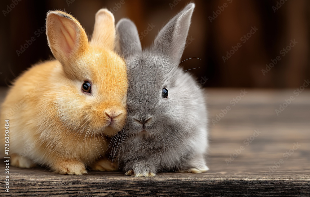 Fototapeta premium Adorable bunny duo cuddling close together is perfect for easter promotions, spring ads, children's books, and pet store flyers, celebrating friendship