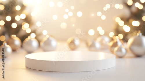 White podium with Christmas decorations on a light background