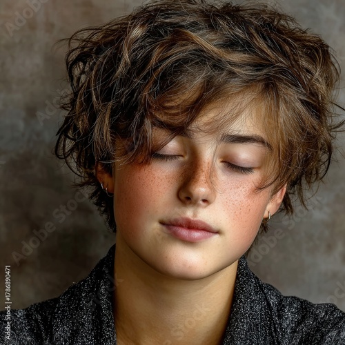 Peaceful young man meditating with closed eyes in soft morning light, calm atmosphere, relaxed pose, light grey background, warm serene mood.