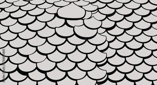 An intricate pattern of light grey, scallop-shaped scales with bold black outlines, featuring irregular and dislodged elements that break the repeating texture.