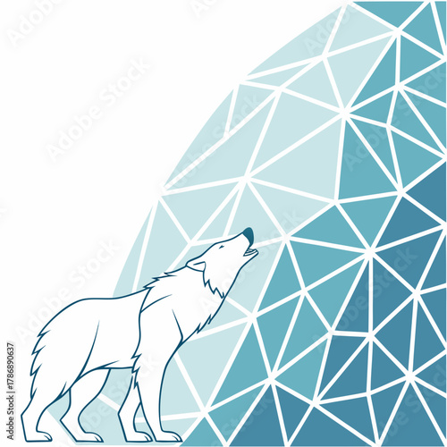 A geometric wolf illustration with a modern design, featuring a stylized wolf with triangular facets against a backdrop of geometric shapes