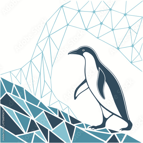 A geometric penguin illustration with a modern design, featuring a stylized penguin with triangular facets against a backdrop of geometric shapes