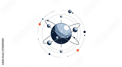 Abstract illustration of a central core with orbiting particles, representing concepts in science, technology, and cosmic systems.