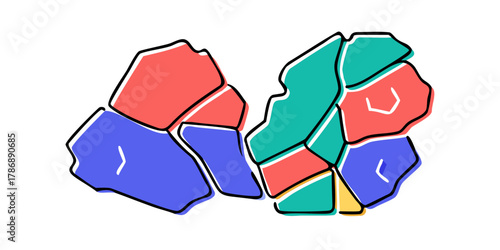 Abstract illustration of tectonic plates the plates are blue, red, green and yellow the illustration is simple and clean