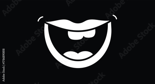 A cheerful, cartoonish mouth laughing with visible teeth, depicted in a simple white graphic on a solid black background.