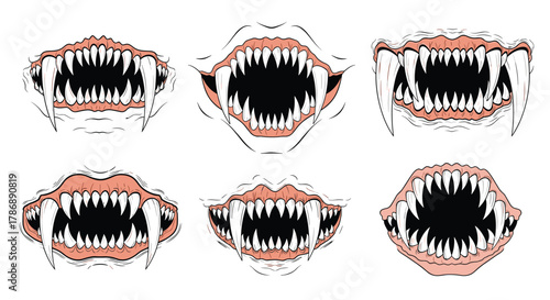 A collection of six menacing monster mouths with sharp, pointy teeth and long fangs, rendered as spooky illustrations.