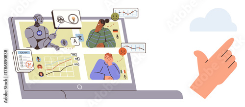 Robot tutor teaches students via virtual meeting, with analysis charts, emotion icons, and learning tools. Ideal for education, AI technology, online learning, data analysis, e-learning teamwork