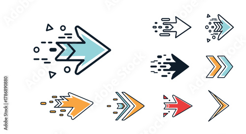 Set of colorful and dynamic arrow icons illustrating fast movement and direction.