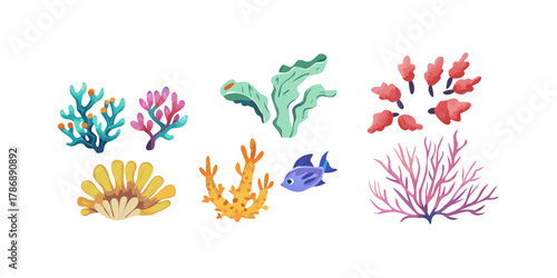A colorful collection of underwater plants and a small fish, showcasing the beauty and diversity of marine life